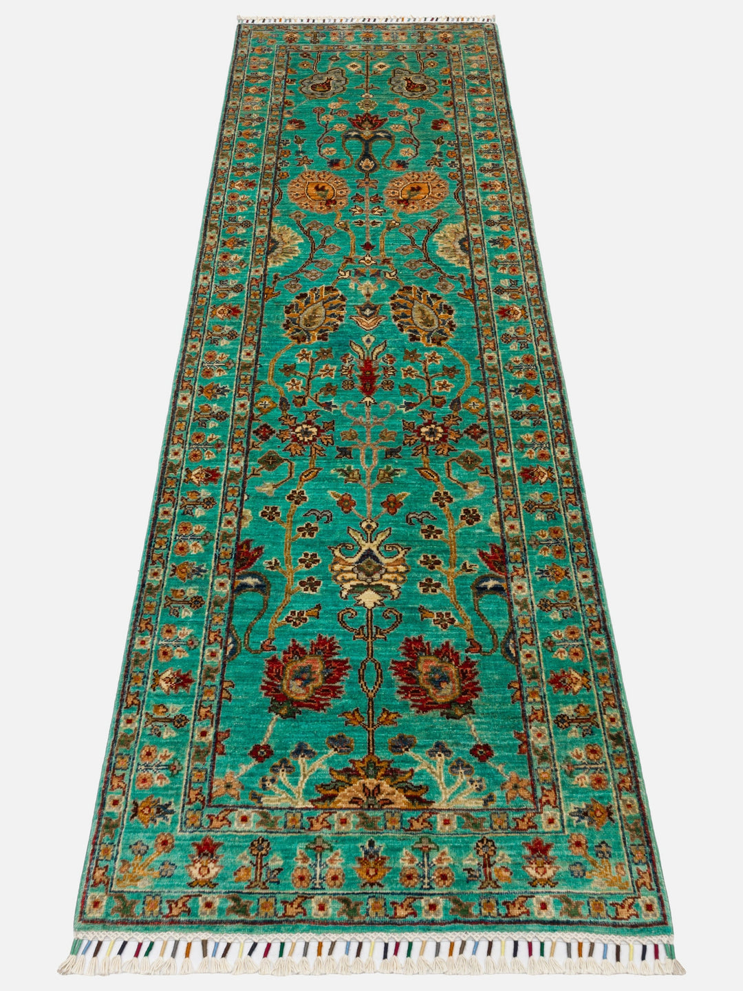 El dokuma Afgan halı turkuaz bitkisel desen 82x252 cm