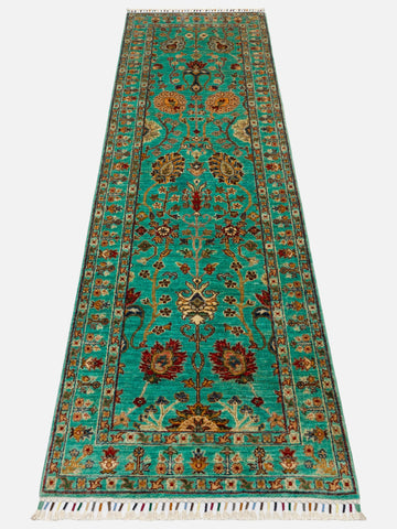 El dokuma Afgan halı turkuaz bitkisel desen 82x252 cm