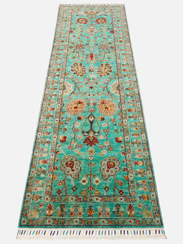 El dokuma Afgan halı turkuaz bitkisel desen 82x252 cm