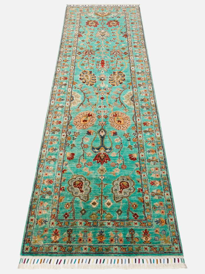 El dokuma Afgan halı turkuaz bitkisel desen 82x252 cm
