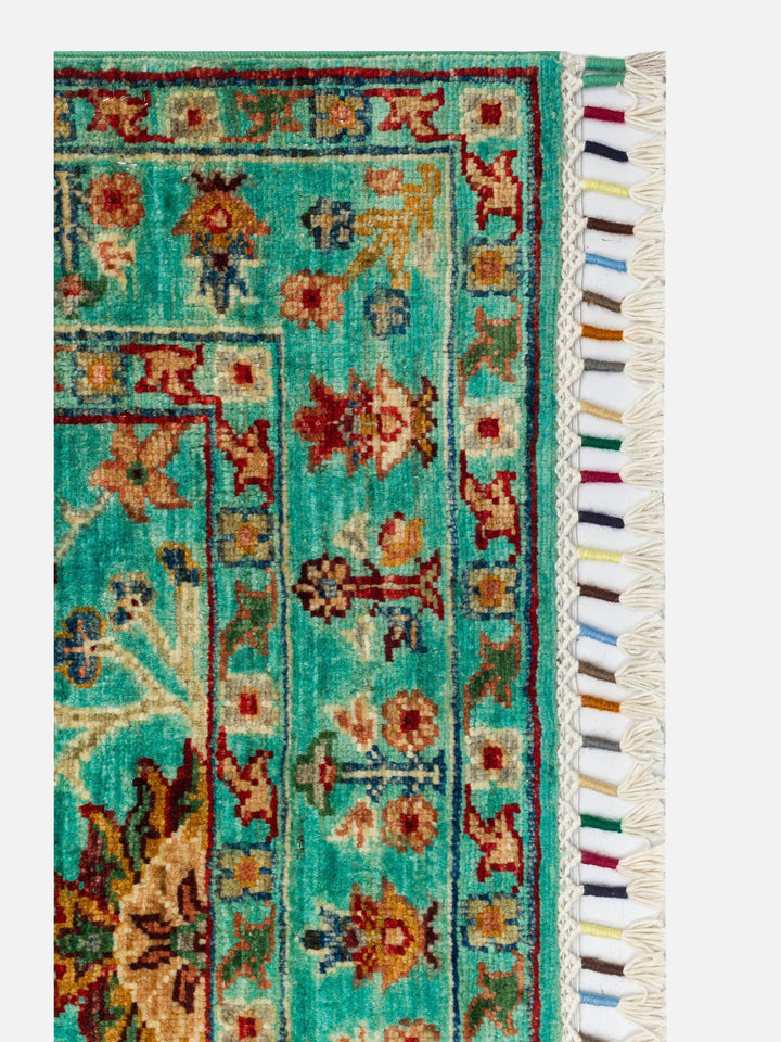 El dokuma Afgan halı turkuaz bitkisel desen 82x252 cm