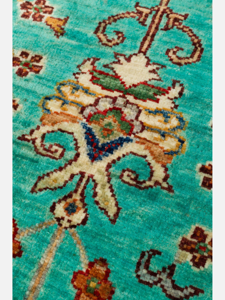 El dokuma Afgan halı turkuaz bitkisel desen 82x252 cm