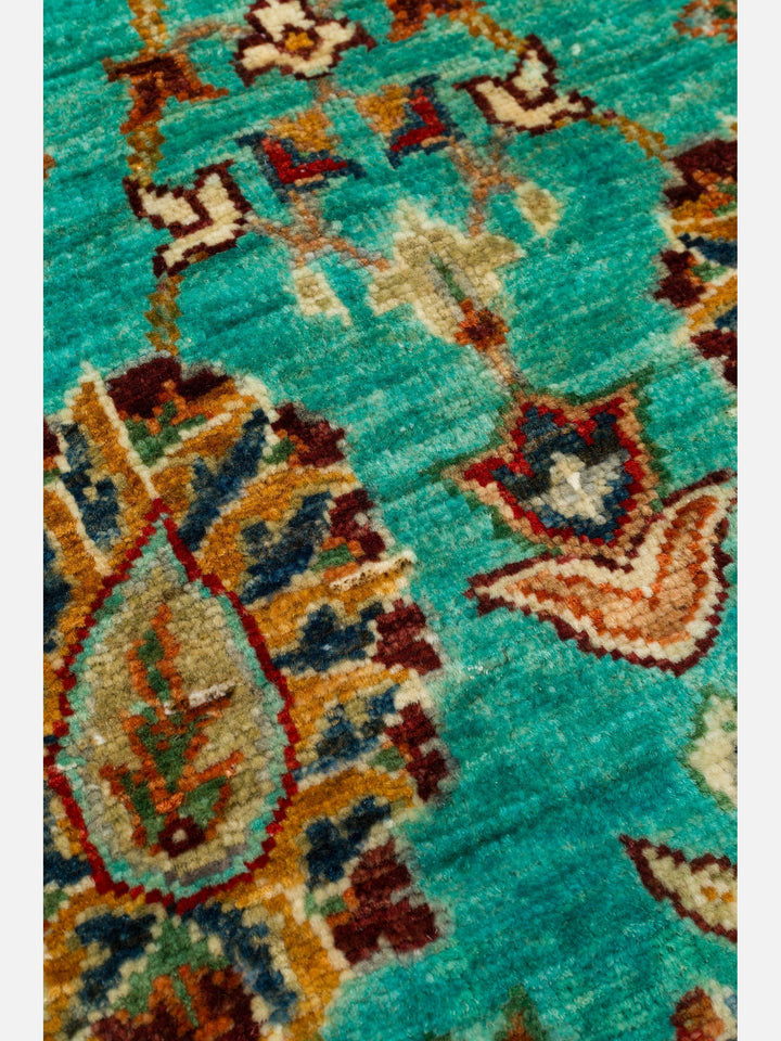 El dokuma Afgan halı turkuaz bitkisel desen 82x252 cm