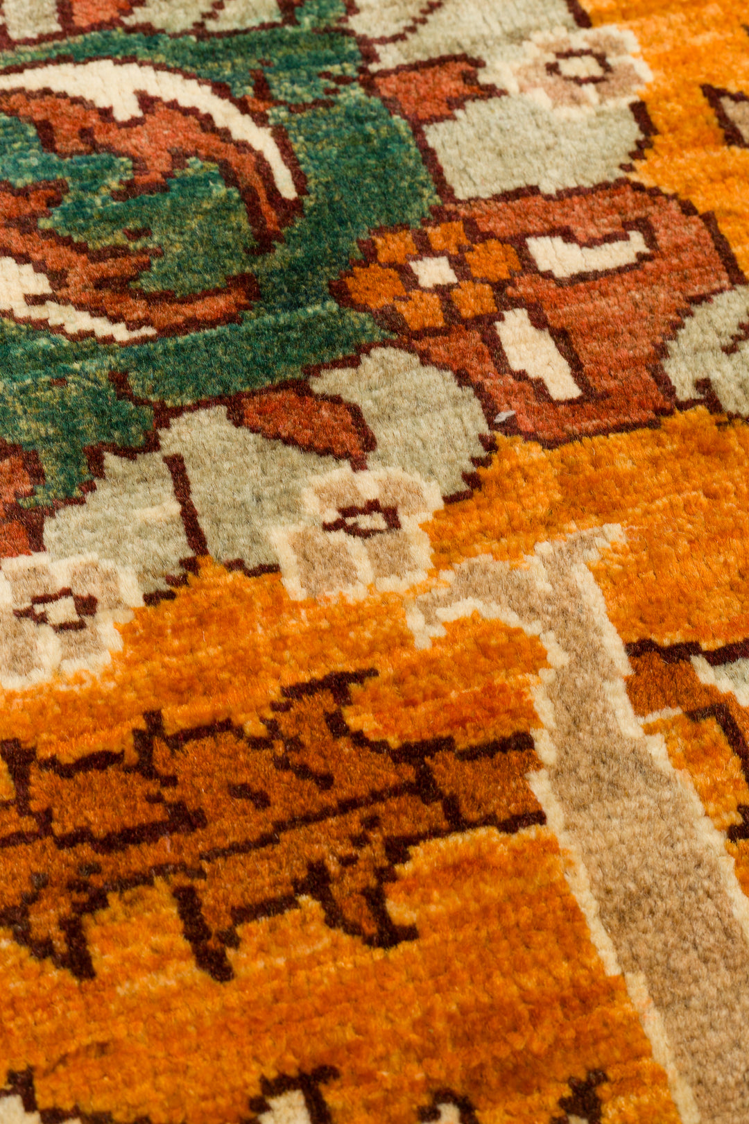 El dokuma Afgan halı turuncu kıvrım dal ve palmet 202x289 cm desen detayı