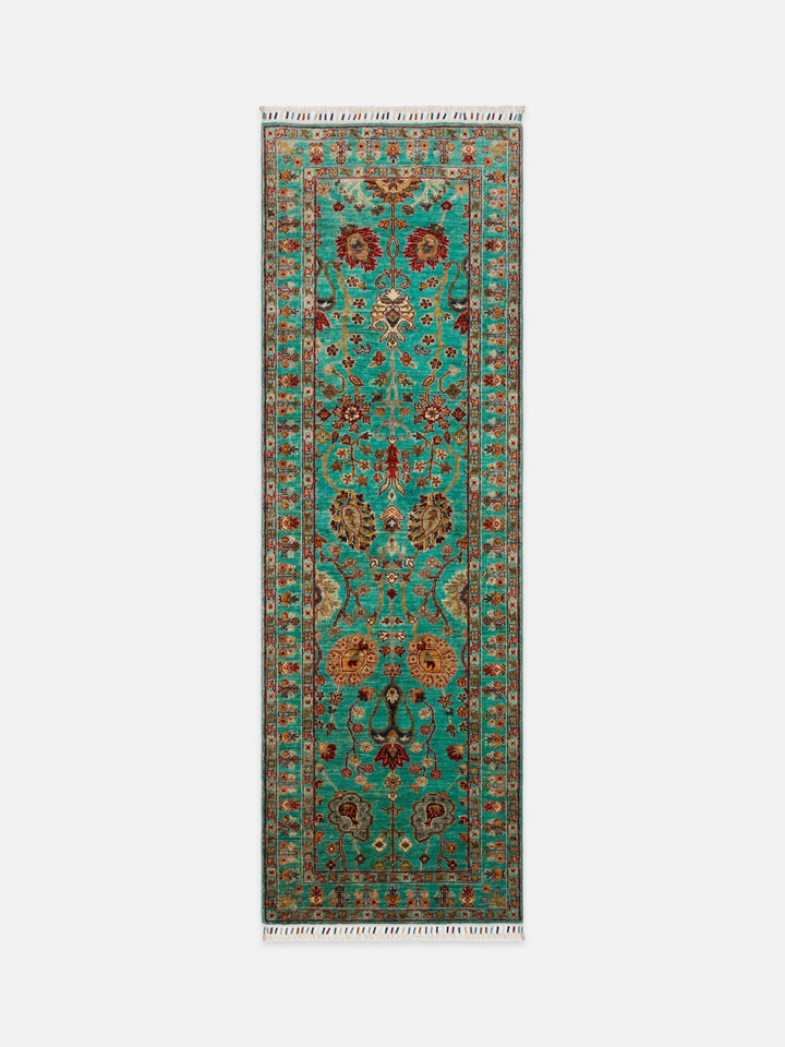 El dokuma Afgan halı turkuaz bitkisel desen 82x252 cm - kusbakisi