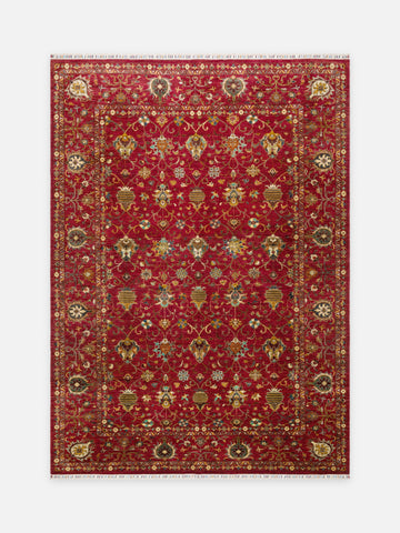 El dokuma Afgan halı kırmızı Şah Abbas palmet rozet kuşbakışı 276x367 cm