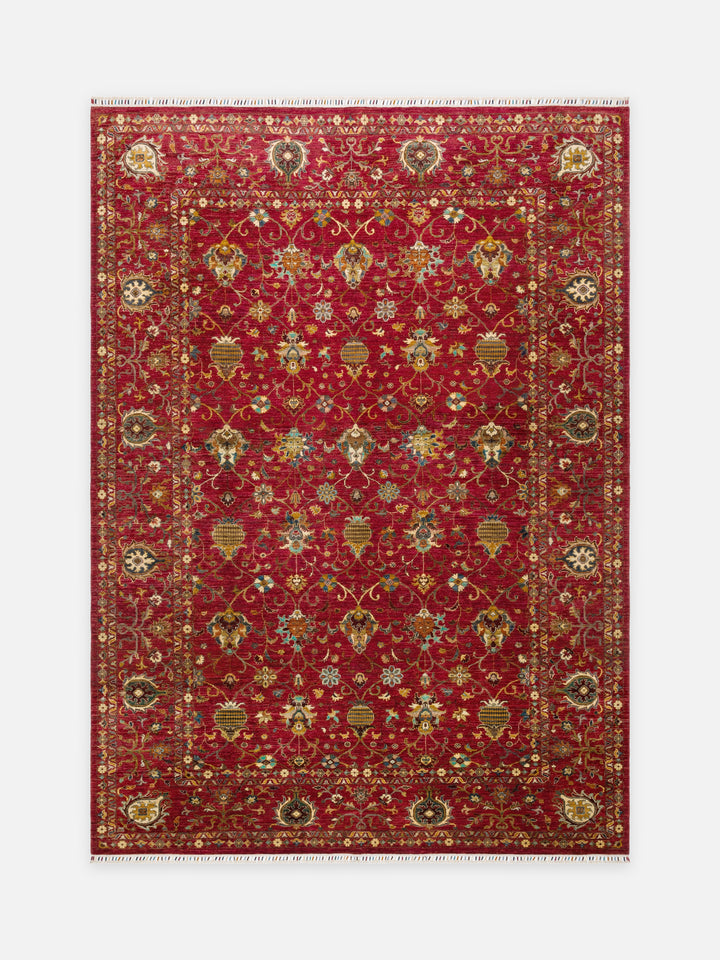 El dokuma Afgan halı kırmızı Şah Abbas palmet rozet kuşbakışı 276x367 cm