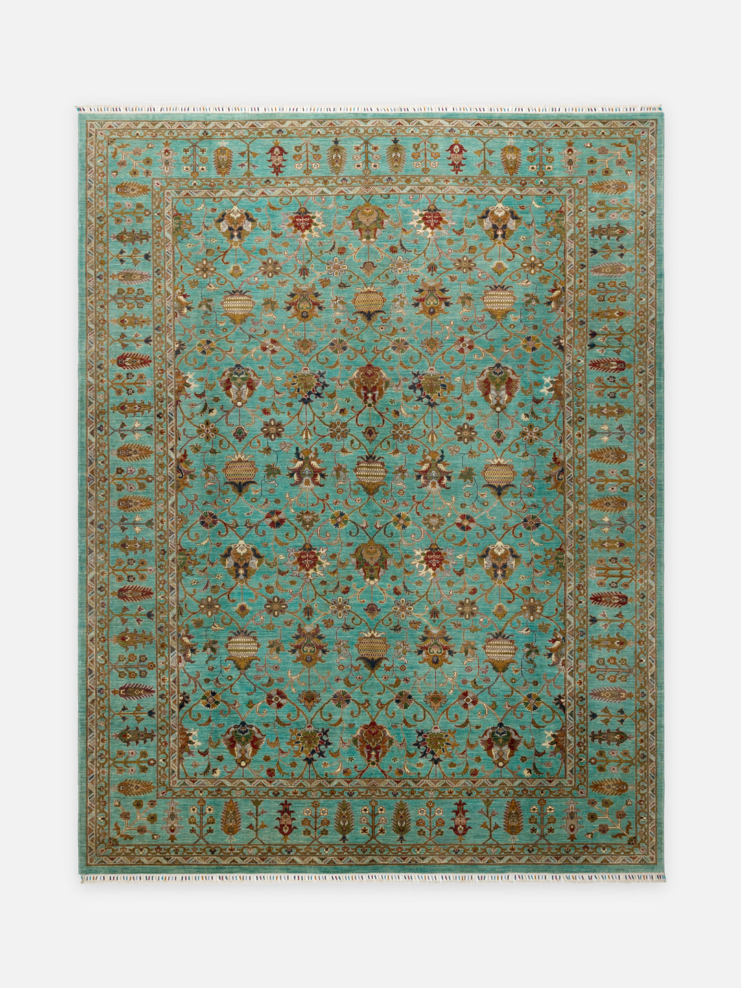 El dokuma Afgan halı turkuaz Şah Abbas palmet rozet kuşbakışı 301x394 cm