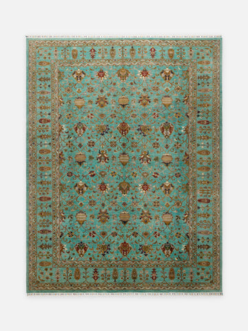 El dokuma Afgan halı turkuaz Şah Abbas palmet rozet kuşbakışı 301x394 cm