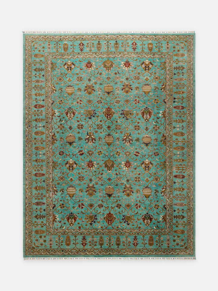 El dokuma Afgan halı turkuaz Şah Abbas palmet rozet kuşbakışı 301x394 cm
