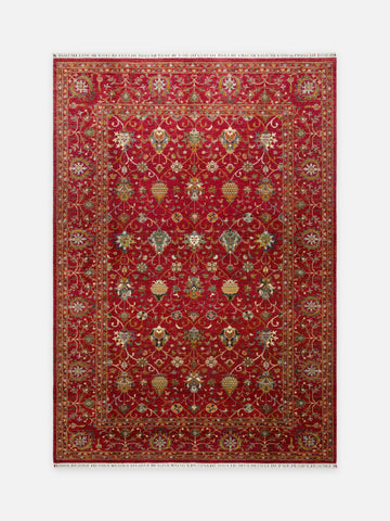 El dokuma Afgan halı kırmızı Şah Abbas palmet rozet kuşbakışı 278x382 cm