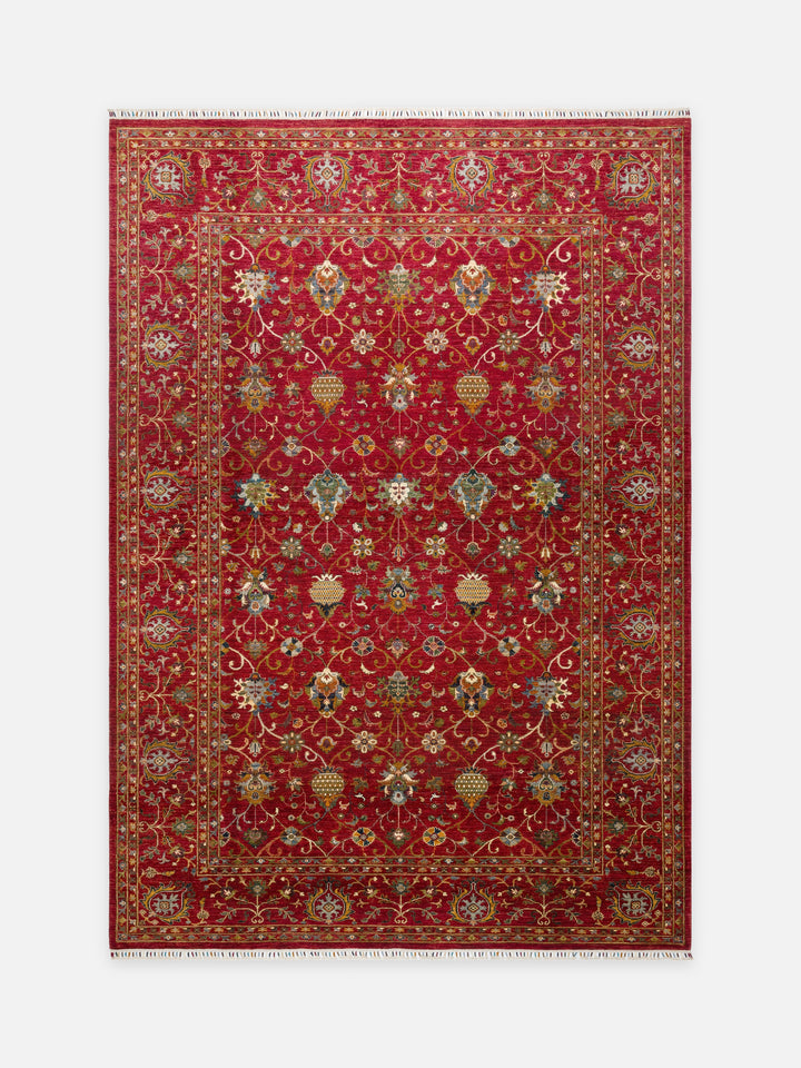 El dokuma Afgan halı kırmızı Şah Abbas palmet rozet kuşbakışı 278x382 cm