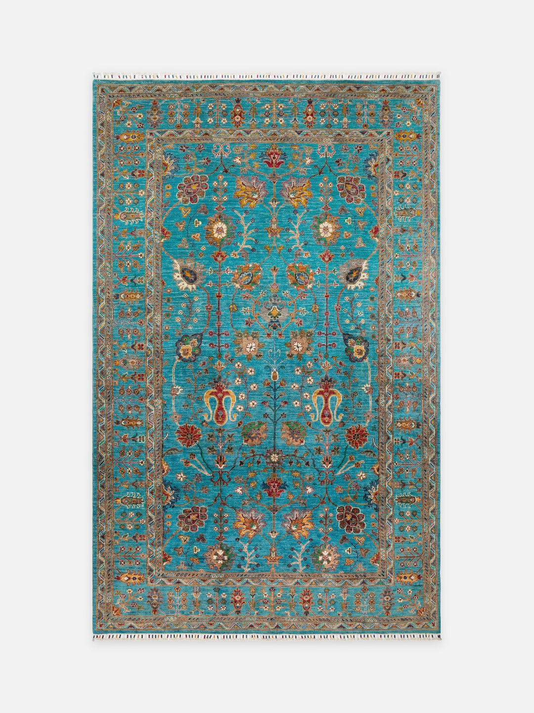 El dokuma Afgan halı turkuaz ağaç-ı hayat kuşbakışı 198x316 cm