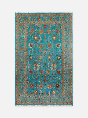 El dokuma Afgan halı turkuaz ağaç-ı hayat kuşbakışı 198x316 cm