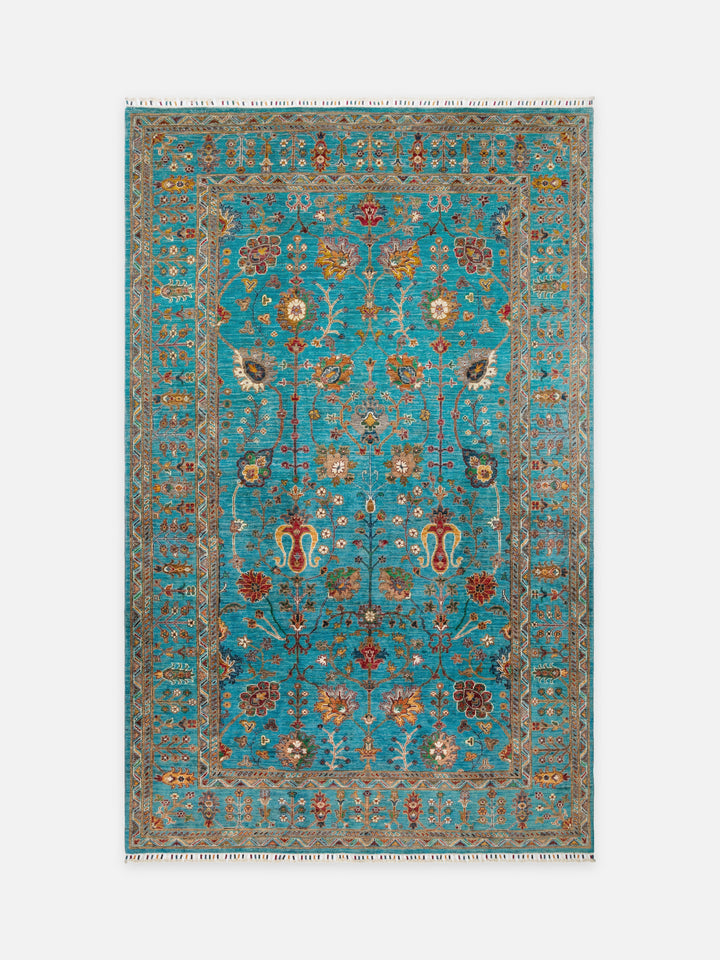 El dokuma Afgan halı turkuaz ağaç-ı hayat kuşbakışı 198x316 cm