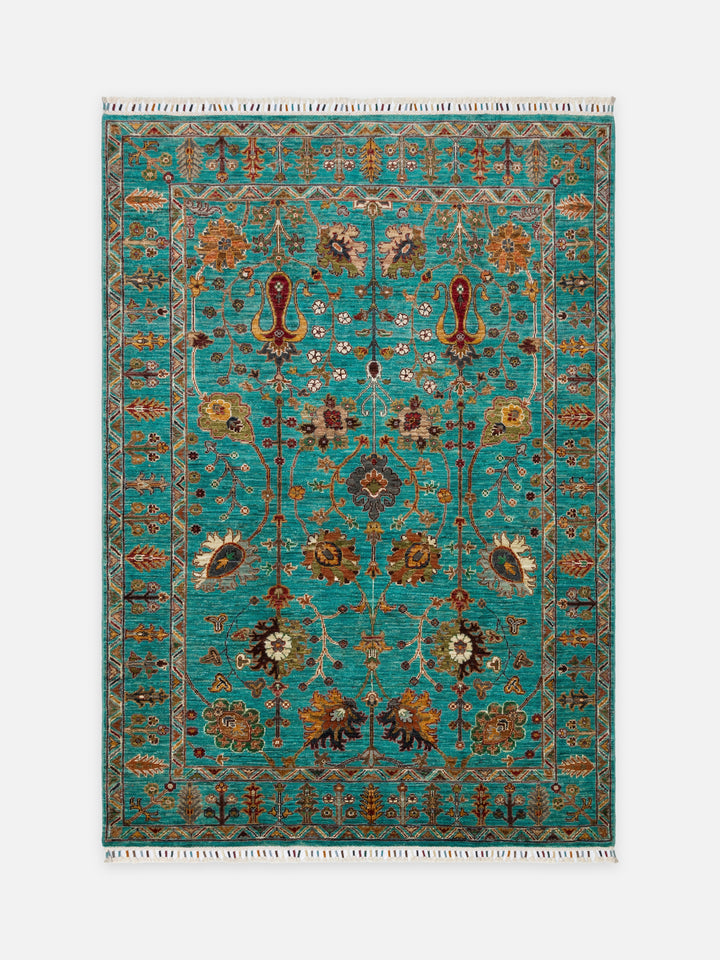 El dokuma Afgan turkuaz halı 151x211 cm kuşbakışı