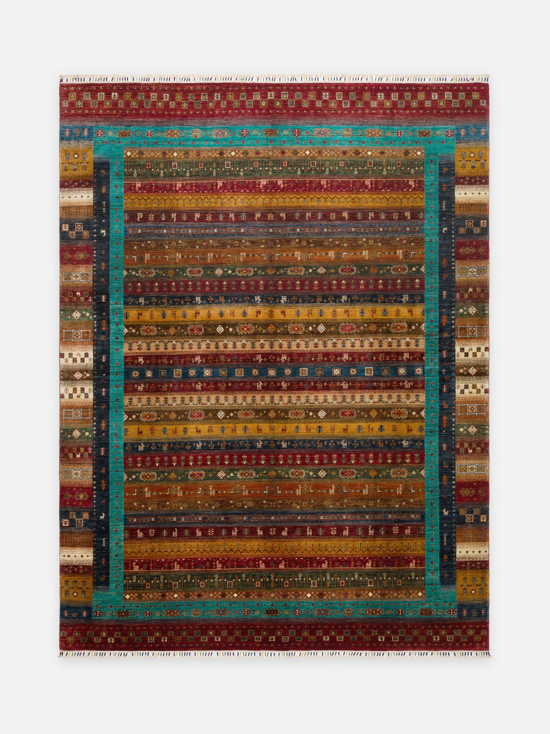 El dokuma Afgan halı çok renkli khorjin çizgili kuşbakışı 277x368 cm