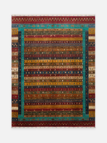 El dokuma Afgan halı çok renkli khorjin çizgili kuşbakışı 277x368 cm