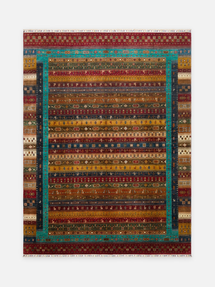 El dokuma Afgan halı çok renkli khorjin çizgili kuşbakışı 277x368 cm