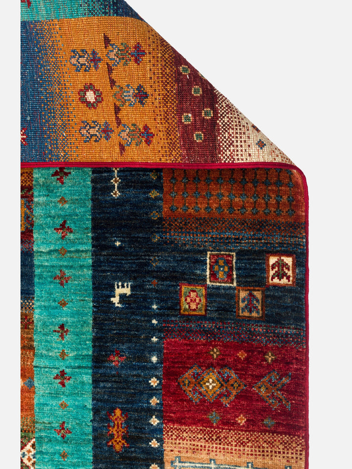 El dokuma Afgan halı çok renkli detay 277x368 cm