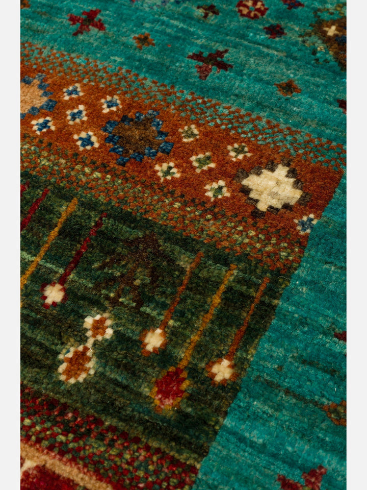 El dokuma Afgan halı çok renkli detay 277x368 cm