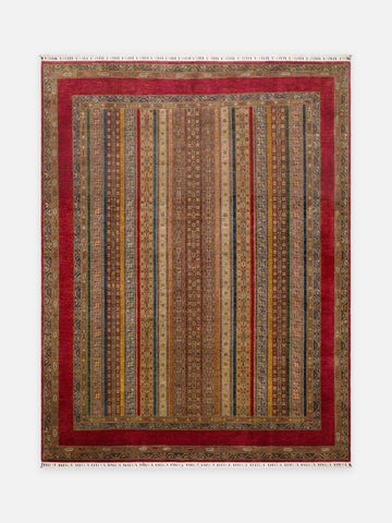 El dokuma Afgan halı kırmızı khorjin çizgili kuşbakışı 264x349 cm