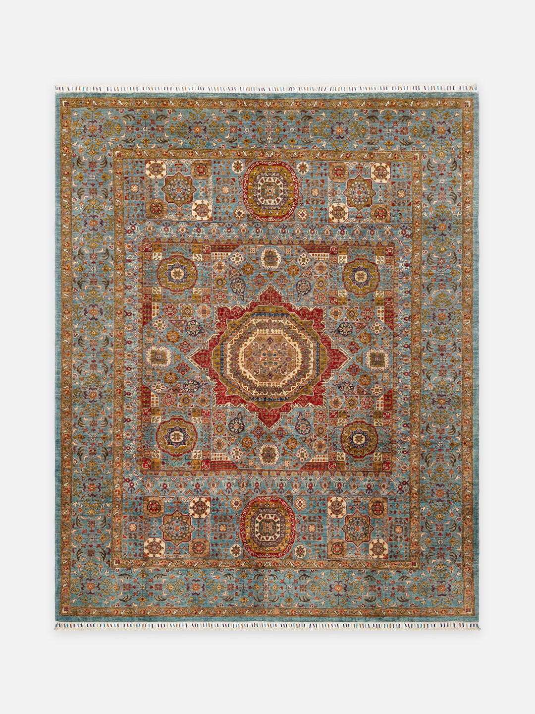 El dokuma Afgan halı açık petrol mavisi Memluk madalyon kuşbakışı 246x307 cm