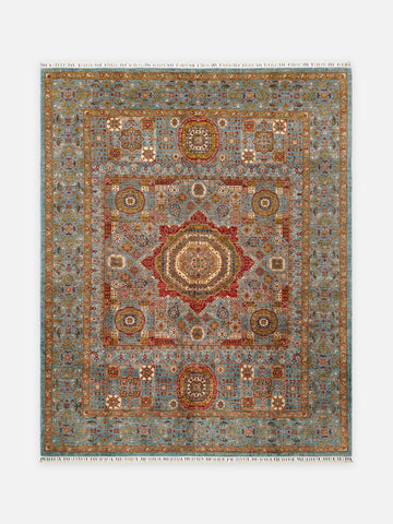 El dokuma Afgan halı açık petrol mavisi Memluk madalyon kuşbakışı 246x307 cm