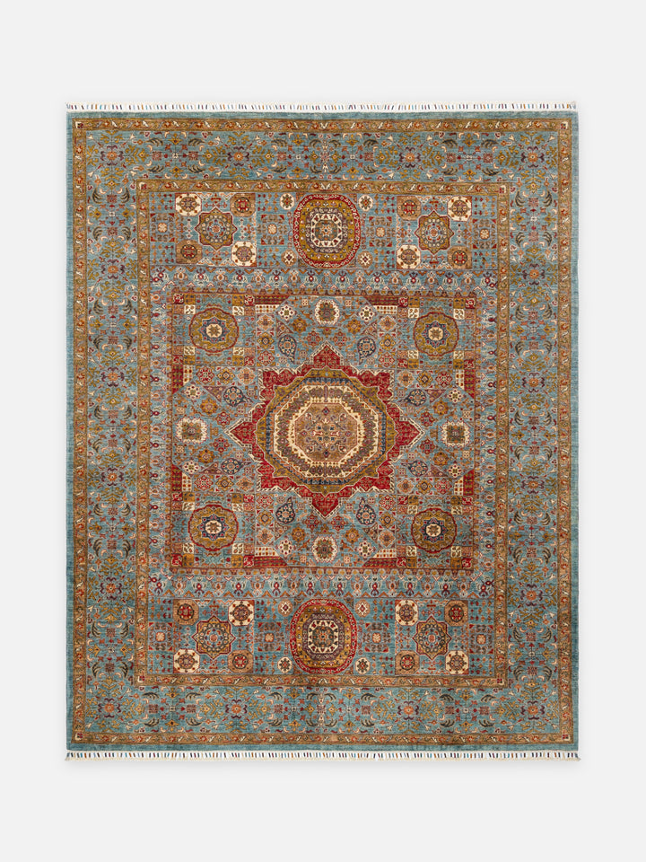 El dokuma Afgan halı açık petrol mavisi Memluk madalyon kuşbakışı 246x307 cm
