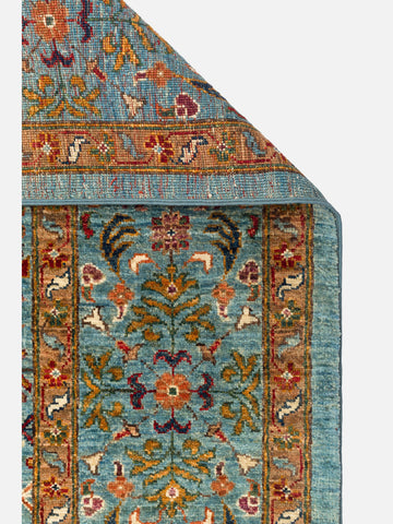 El dokuma Afgan halı açık petrol mavisi detay 246x307 cm