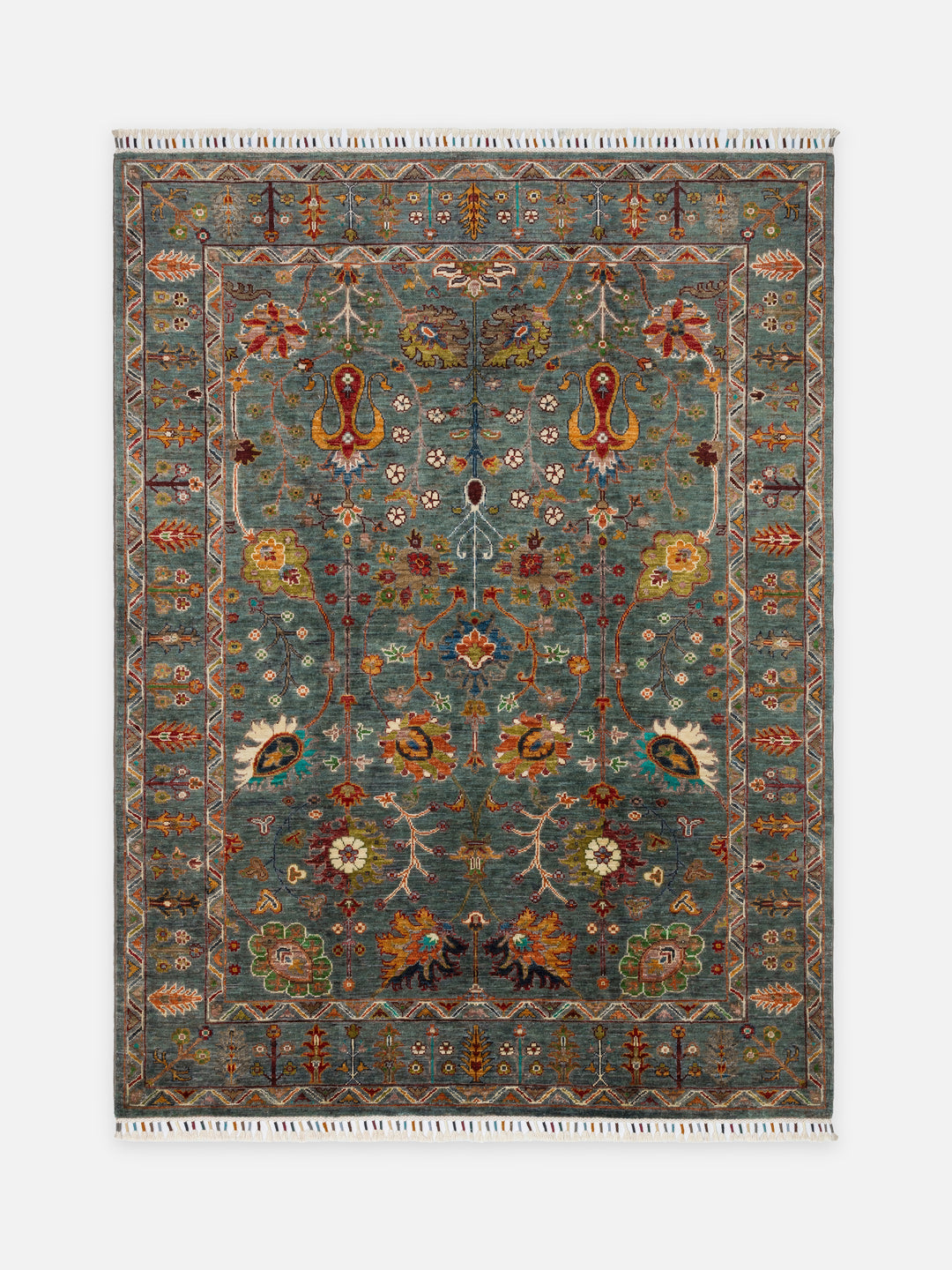 El dokuma Afgan halı yeşil bitkisel desen 154 x 208 cm kuşbakışı