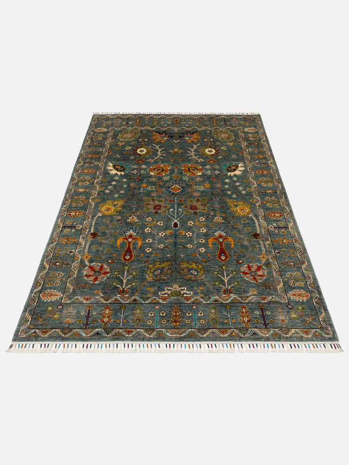 El dokuma Afgan halı yeşil bitkisel desen 154 x 208 cm stüdyo