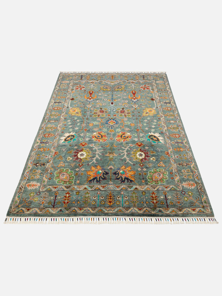 El dokuma Afgan halı yeşil bitkisel desen 154 x 208 cm stüdyo