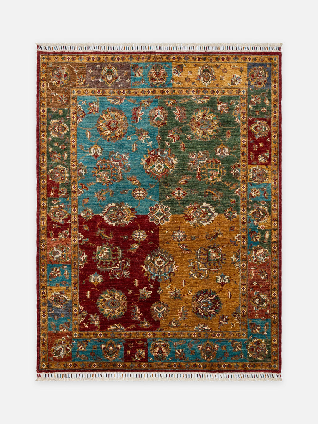 El dokuma Afgan halı çok renkli bitkisel panel desen 158 x 201 cm kuşbakışı