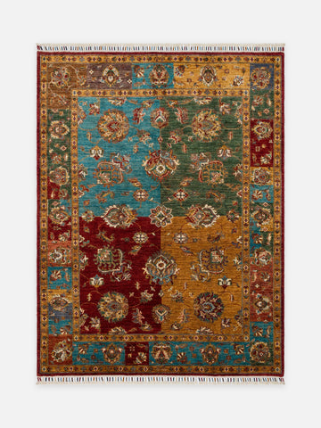 El dokuma Afgan halı çok renkli bitkisel panel desen 158 x 201 cm kuşbakışı
