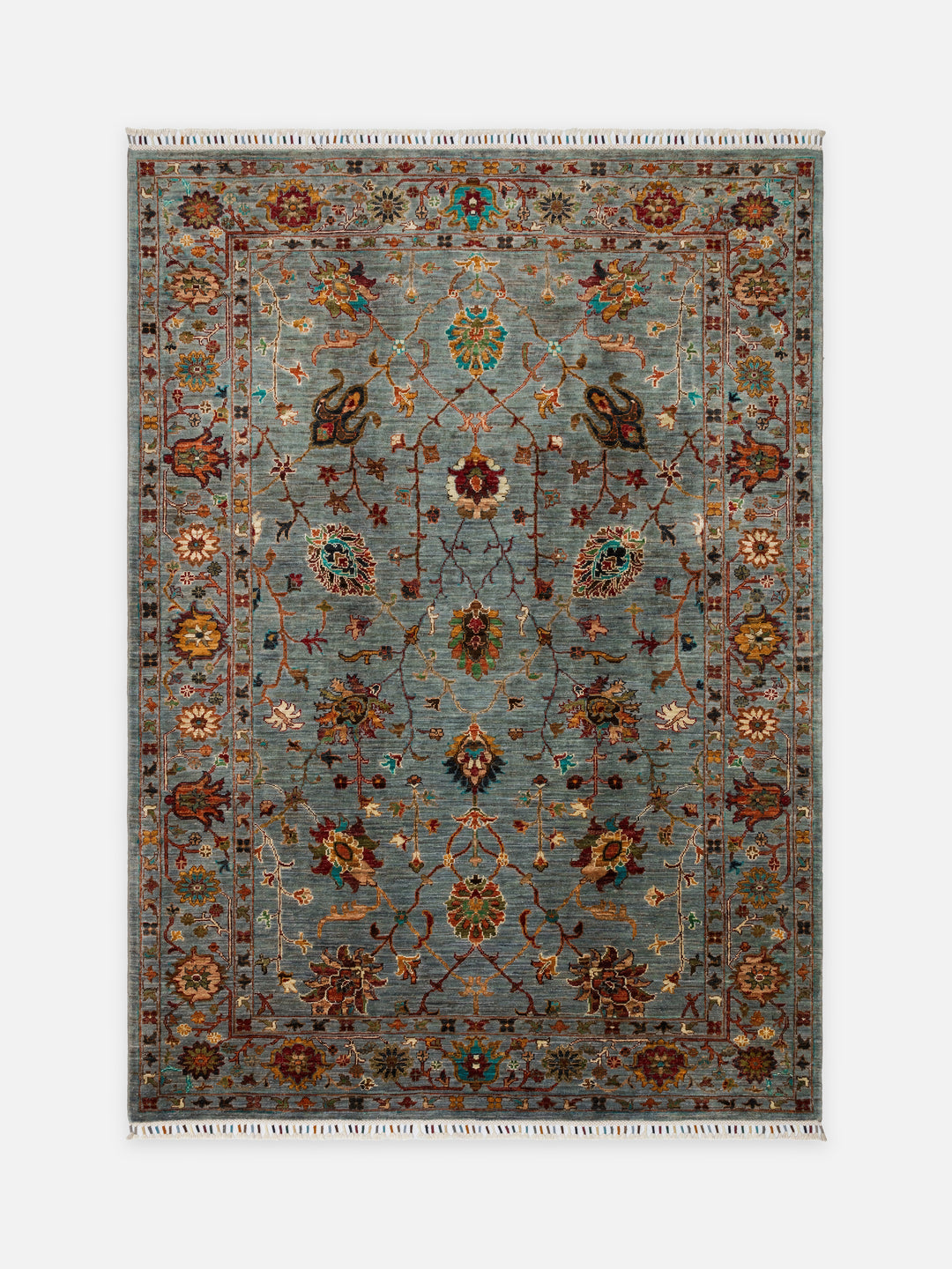 El dokuma Afgan halı gri mavi bitkisel desen 179 x 224 cm kuşbakışı
