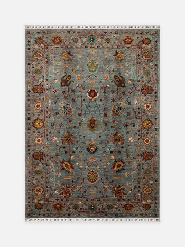 El dokuma Afgan halı gri mavi bitkisel desen 179 x 224 cm kuşbakışı