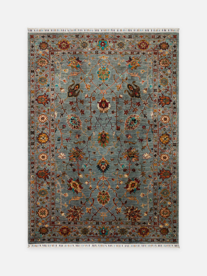 El dokuma Afgan halı gri mavi bitkisel desen 179 x 224 cm kuşbakışı