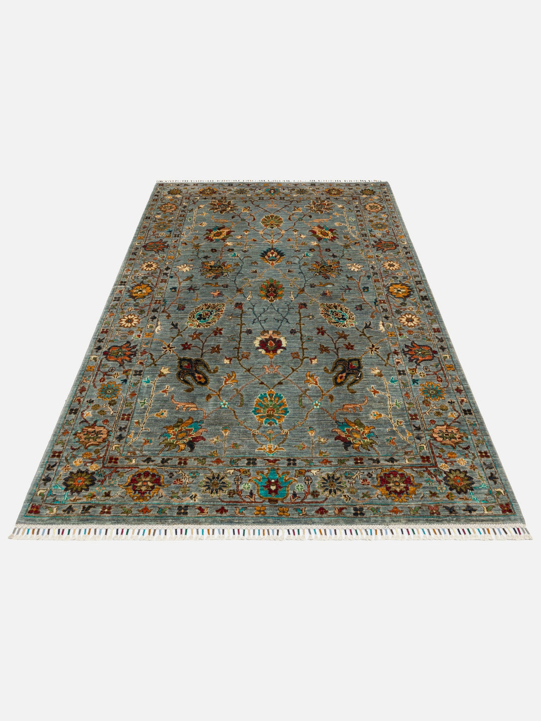 El dokuma Afgan halı gri mavi bitkisel desen 179 x 224 cm stüdyo