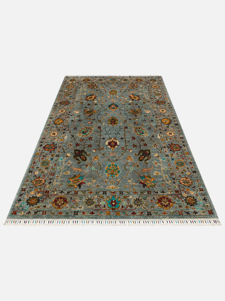 El dokuma Afgan halı gri mavi bitkisel desen 179 x 224 cm stüdyo