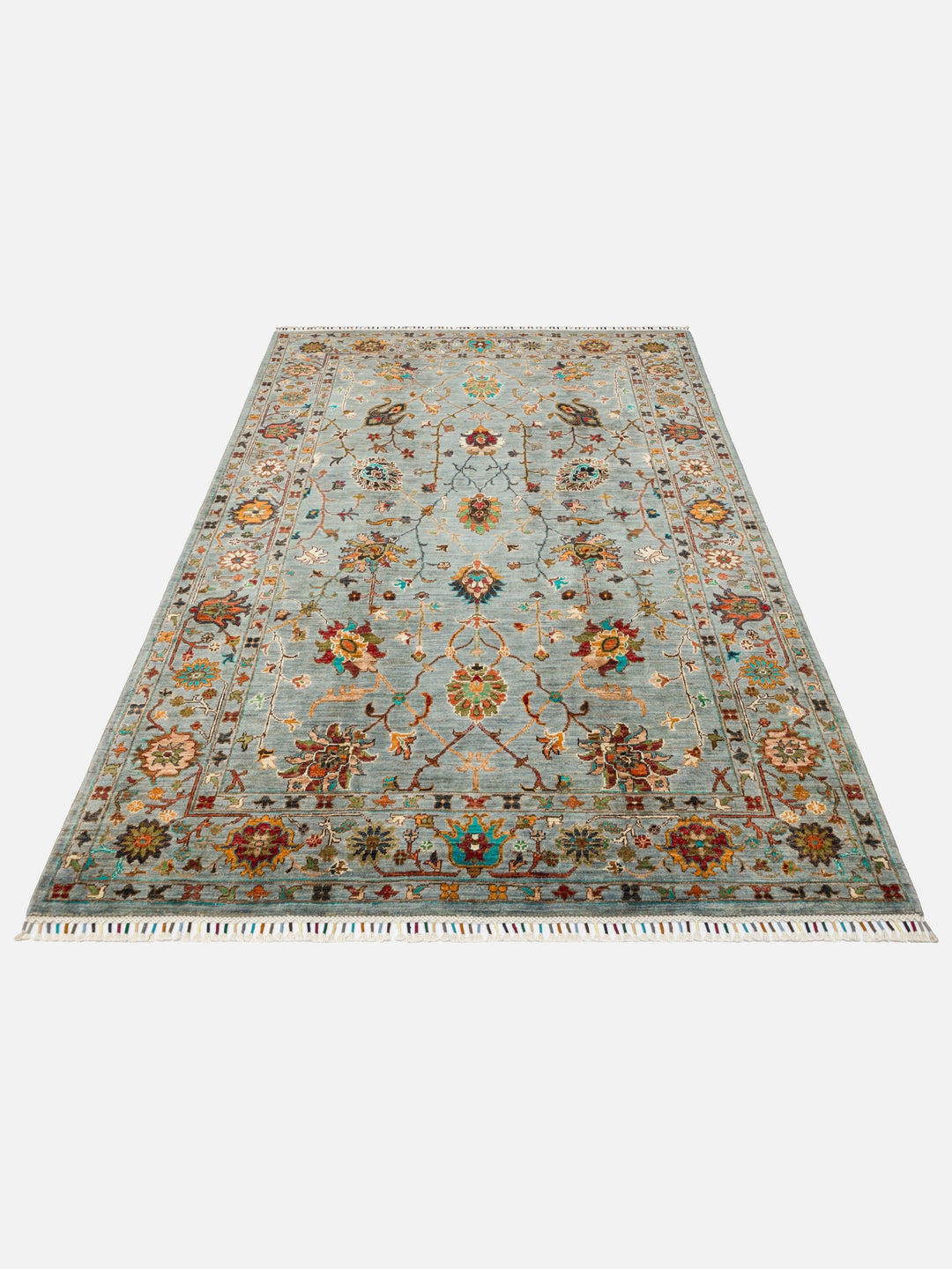 El dokuma Afgan halı gri mavi bitkisel desen 179 x 224 cm stüdyo