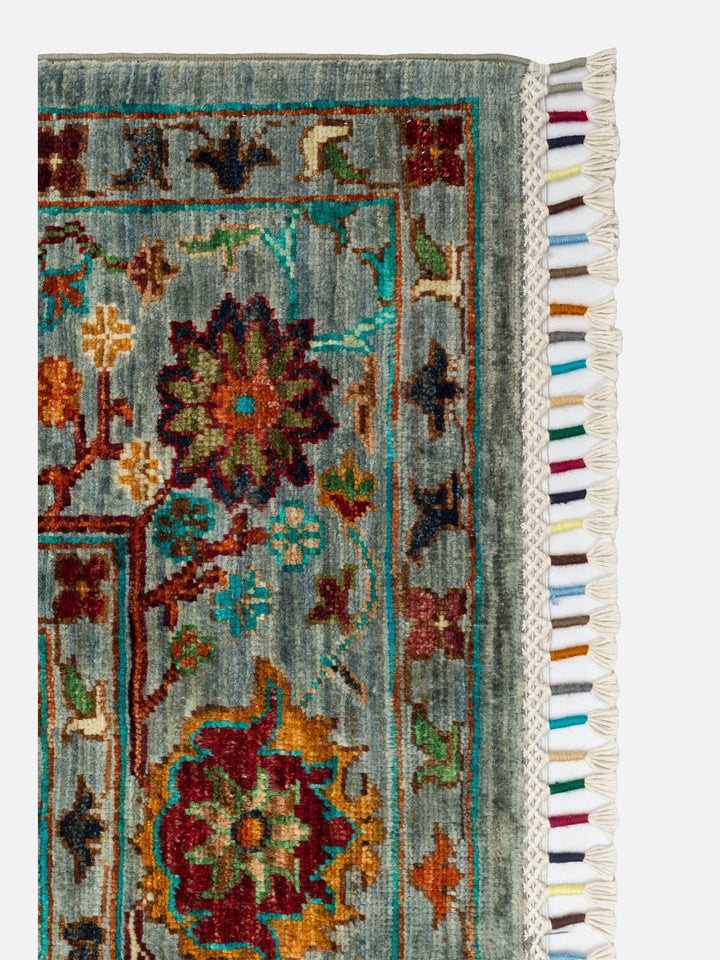 El dokuma Afgan halı gri mavi bitkisel desen 179 x 224 cm detay