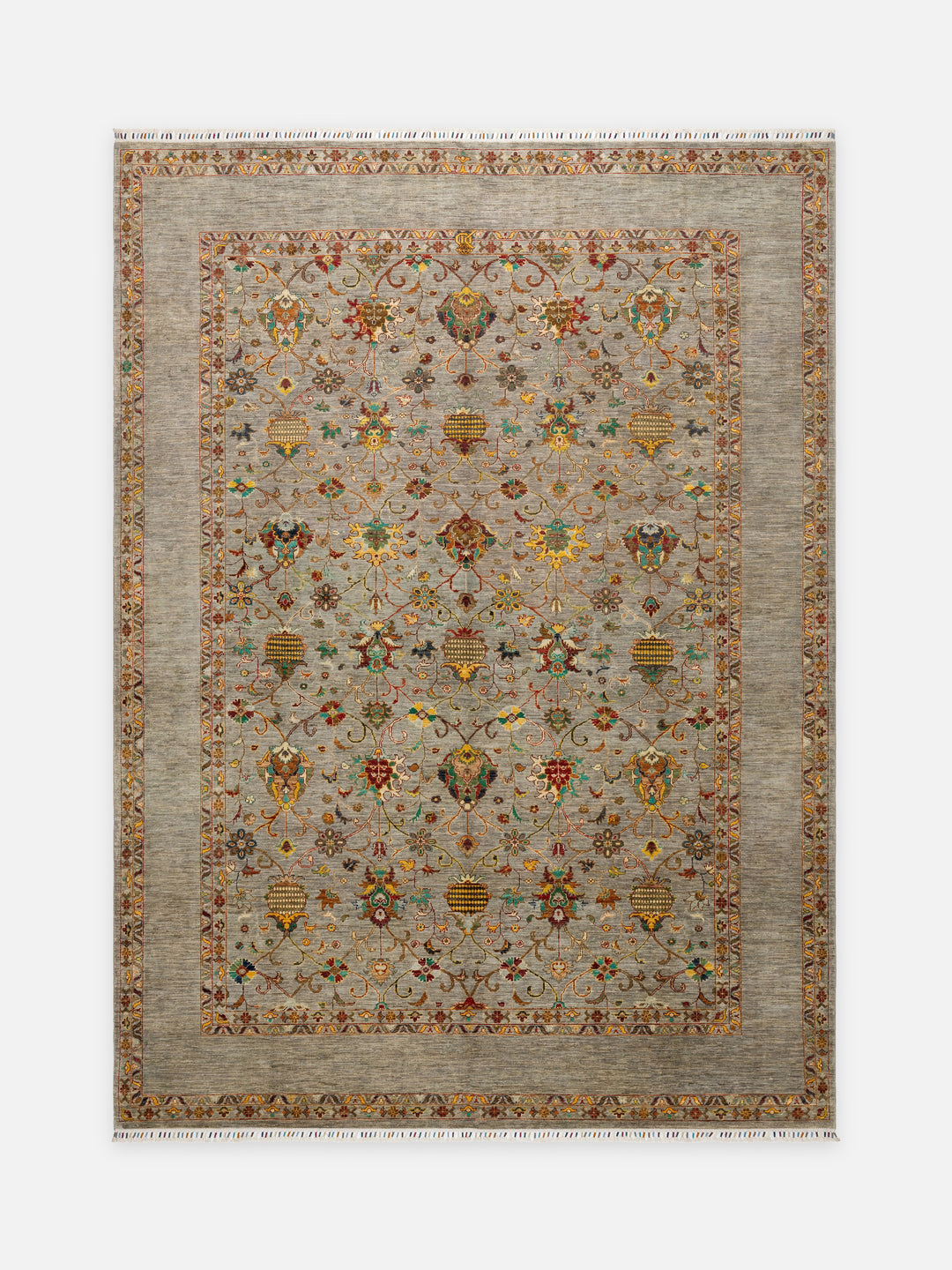 El dokuma Afgan halı açık gri Şah Abbas palmet kuşbakışı 270x372 cm