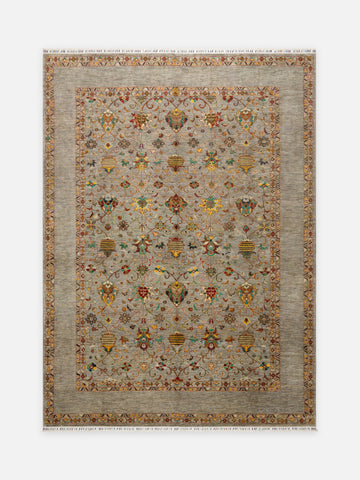 El dokuma Afgan halı açık gri Şah Abbas palmet kuşbakışı 270x372 cm