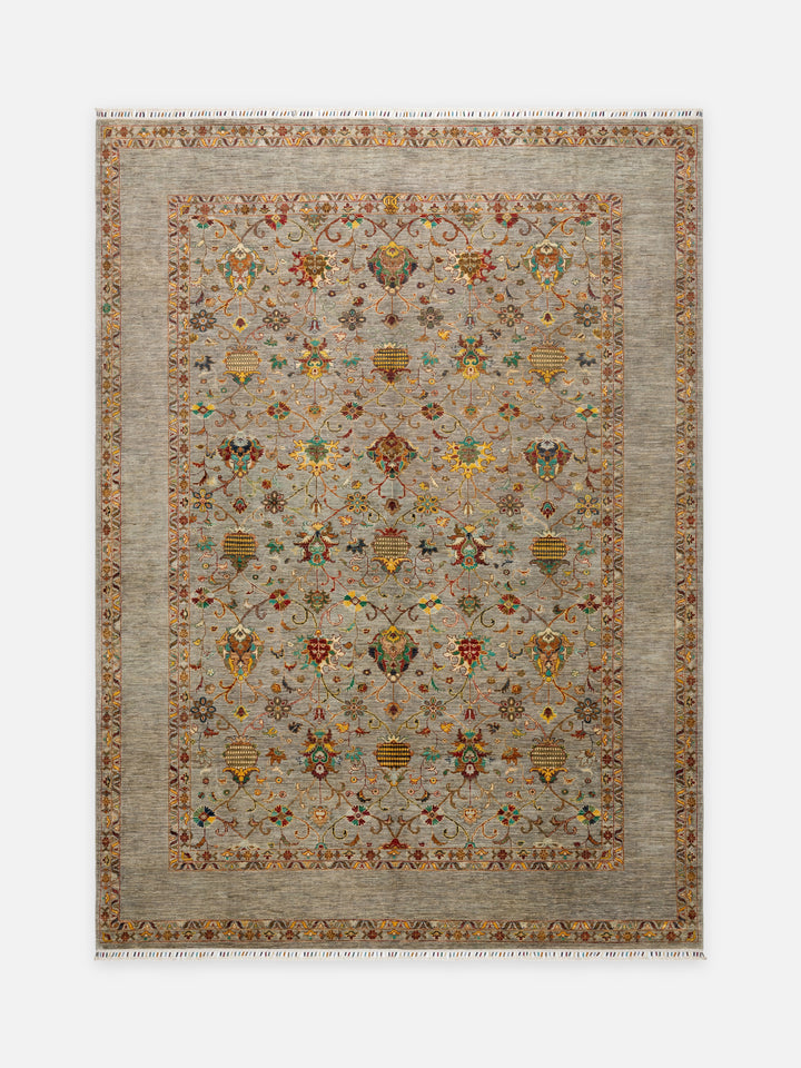El dokuma Afgan halı açık gri Şah Abbas palmet kuşbakışı 270x372 cm