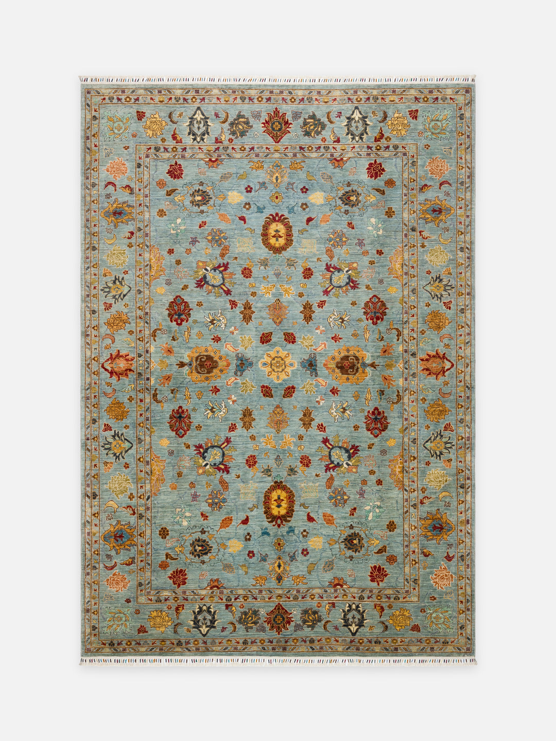 El dokuma Afgan halı açık petrol mavisi Şah Abbas palmet rozet kuşbakışı 245x351 cm