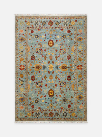 El dokuma Afgan halı açık petrol mavisi Şah Abbas palmet rozet kuşbakışı 245x351 cm