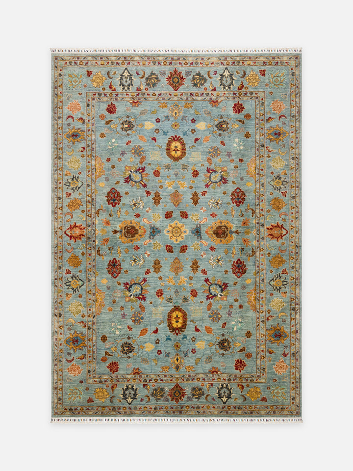 El dokuma Afgan halı açık petrol mavisi Şah Abbas palmet rozet kuşbakışı 245x351 cm