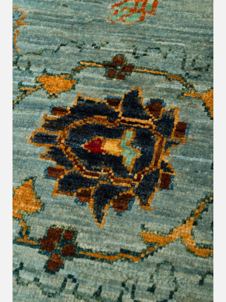 El dokuma Afgan halı açık petrol mavisi detay 245x351 cm