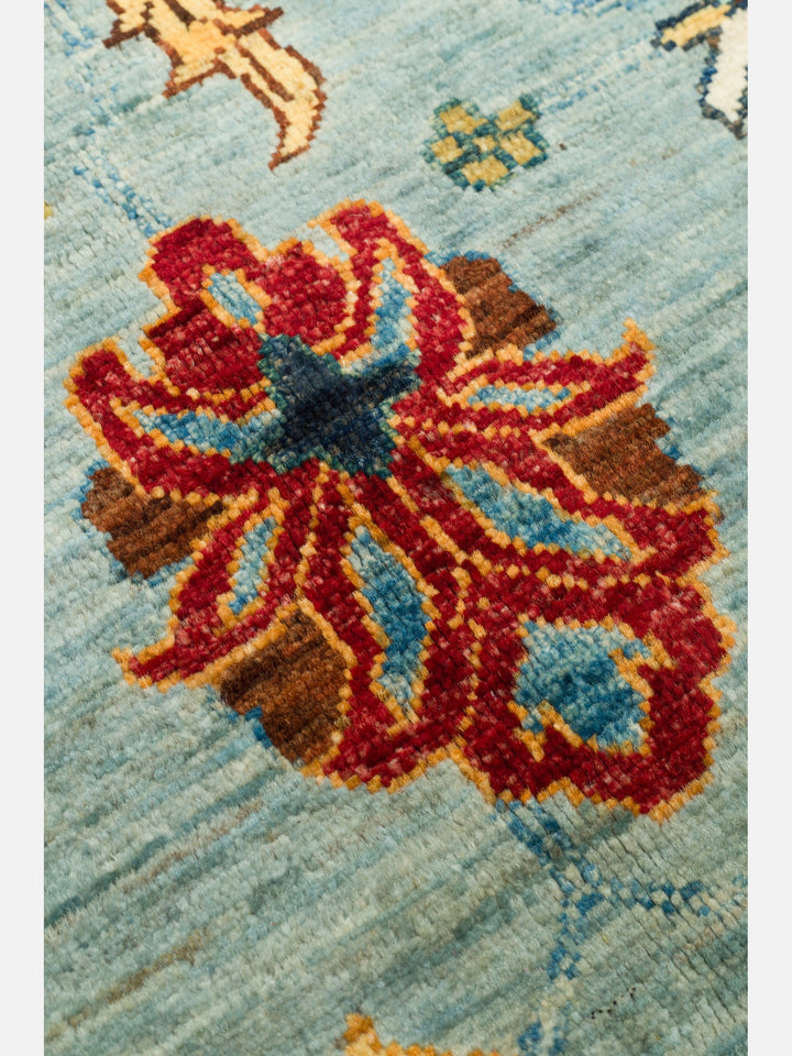 El dokuma Afgan halı açık petrol mavisi detay 245x351 cm